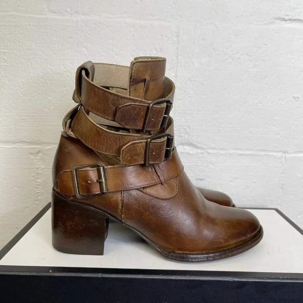 Freebird By Steven Women's‎ Rollin Brown Leather Strappy Heeled Ankle Boots Sz 7